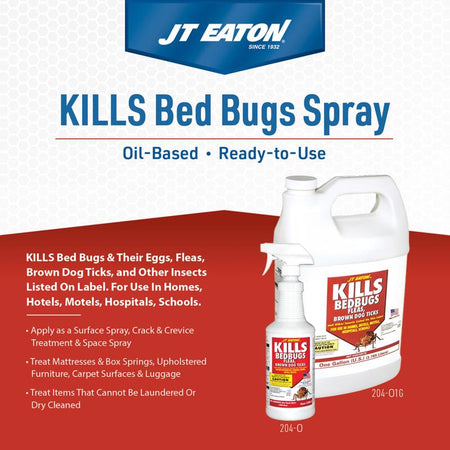JT Eaton bed bug spray packaging with text on a white background