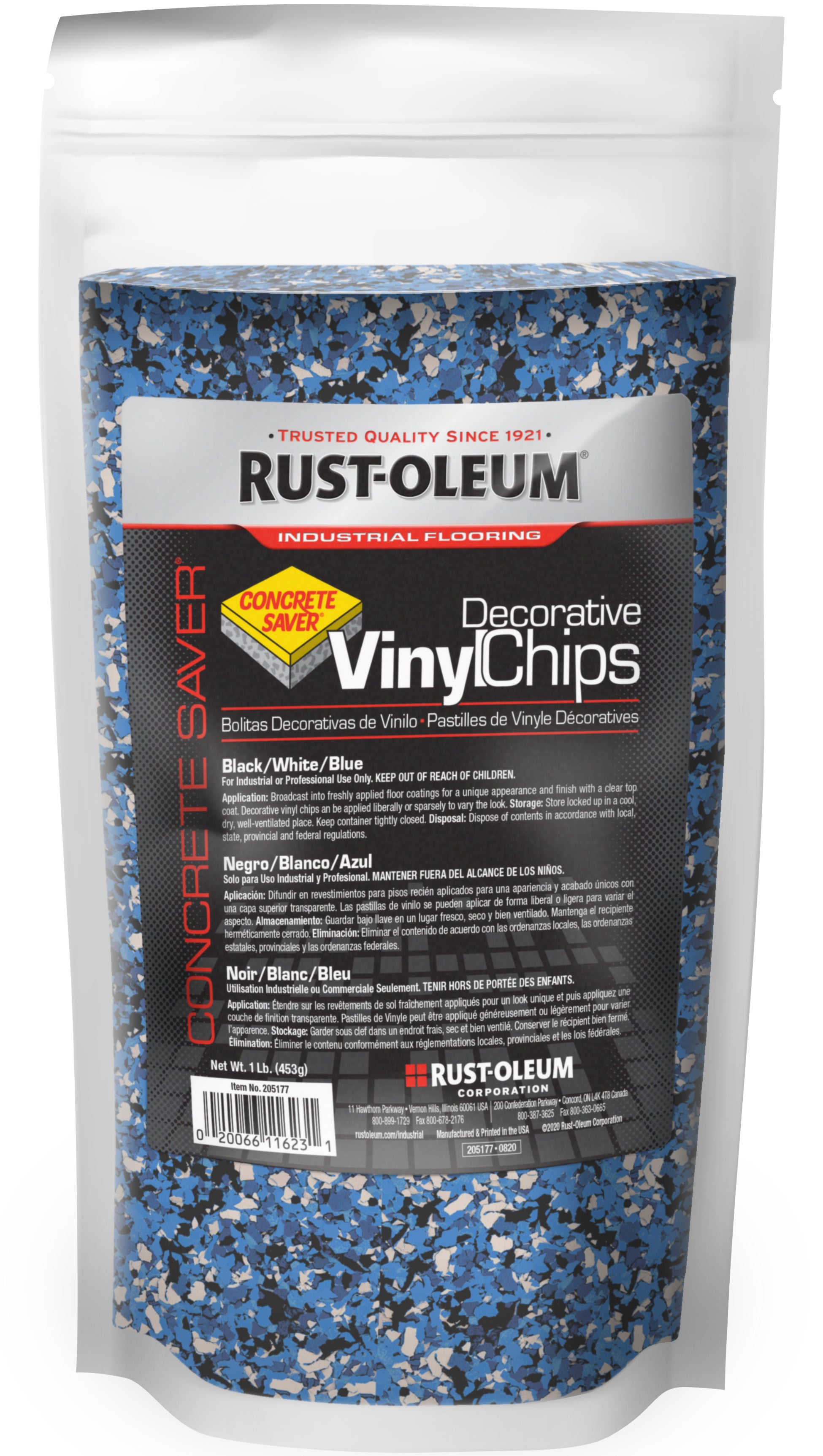 Rust-Oleum Concrete Saver Decorative Vinyl Chips in a 1 lb bag, featuring blue, black, and white chips in a clear stand-up pouch with a white resealable top.