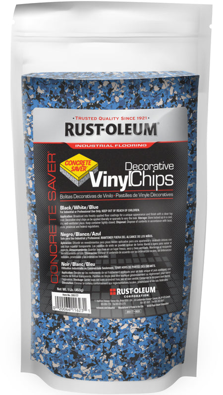 Rust-Oleum Concrete Saver Decorative Vinyl Chips in a 1 lb bag, featuring blue, black, and white chips in a clear stand-up pouch with a white resealable top.