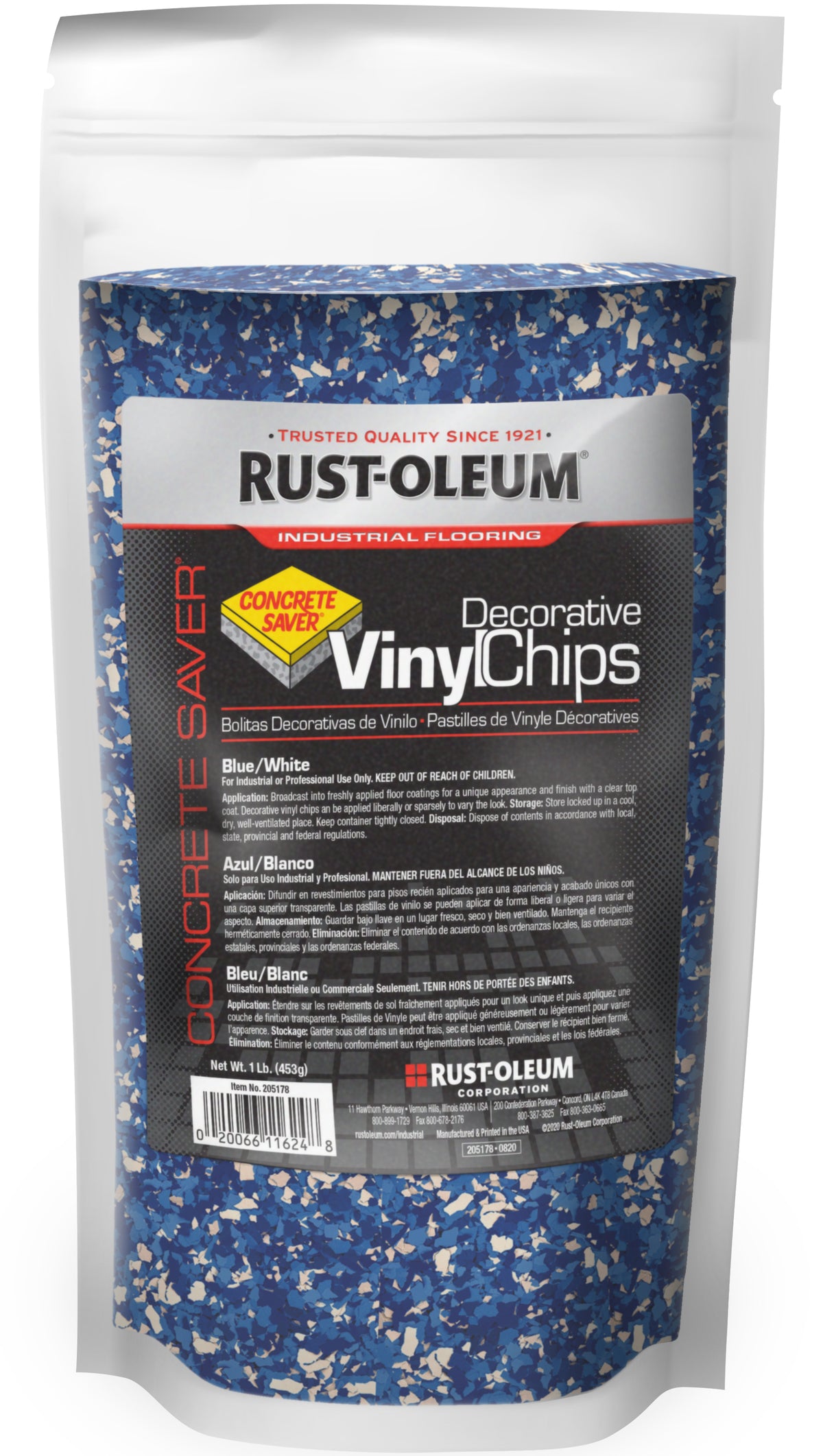 Rust-Oleum Decorative VinylChips Concrete Saver in a blue and white speckled pattern, packaged in a white stand-up pouch with a clear window.