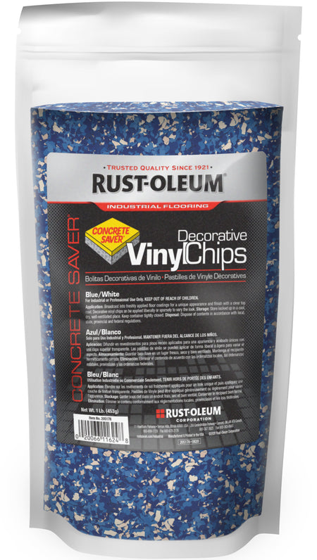 Rust-Oleum Decorative VinylChips Concrete Saver in a blue and white speckled pattern, packaged in a white stand-up pouch with a clear window.