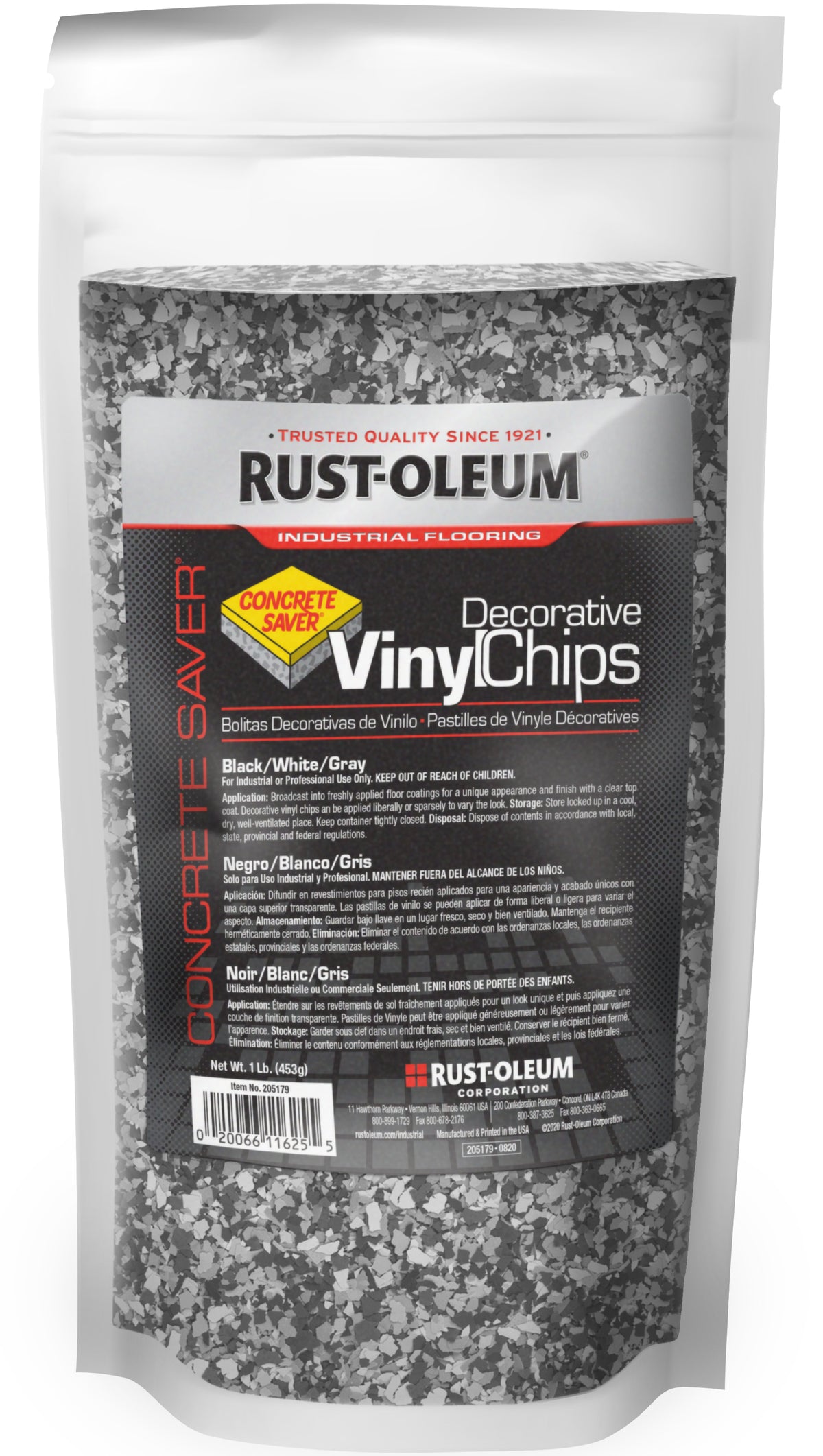 A stand-up pouch of Rust-Oleum Concrete Saver Decorative Vinyl Chips in a black, white, and gray mix, shown against a plain white background.