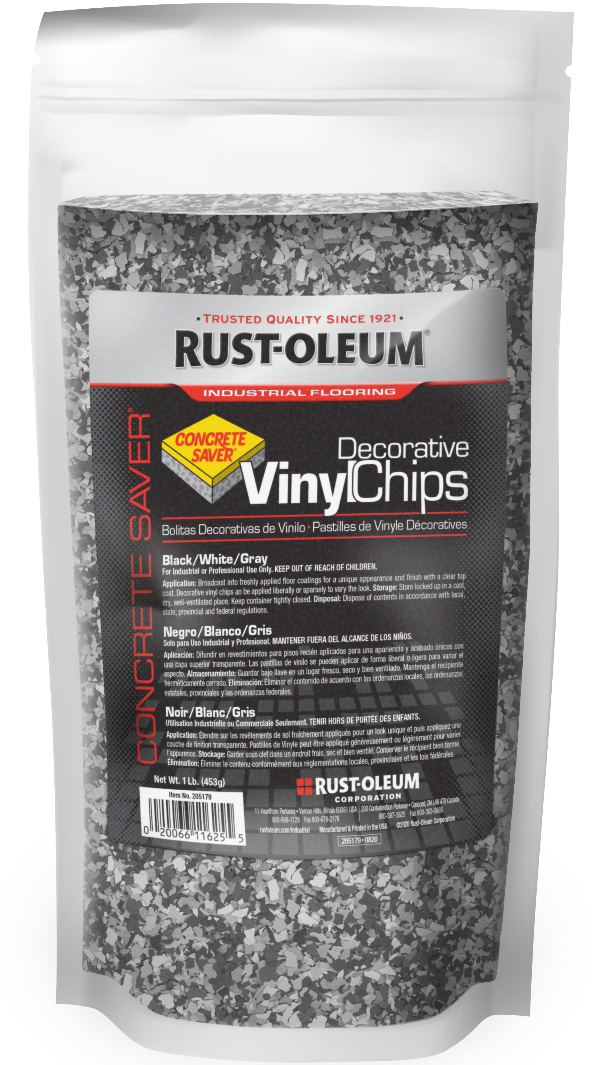 A stand-up pouch of Rust-Oleum Concrete Saver Decorative Vinyl Chips in a black, white, and gray mix, shown against a plain white background.