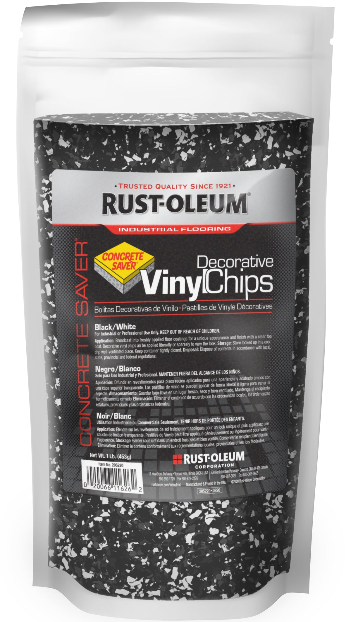 Rust-Oleum Concrete Saver Decorative Vinyl Chips in a black and white speckled pattern, packaged in a white stand-up pouch.