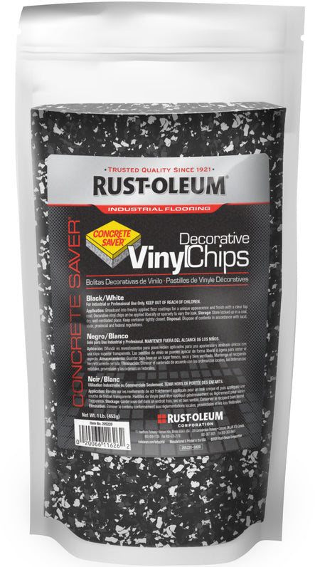 Rust-Oleum Concrete Saver Decorative Vinyl Chips in a black and white speckled pattern, packaged in a white stand-up pouch.