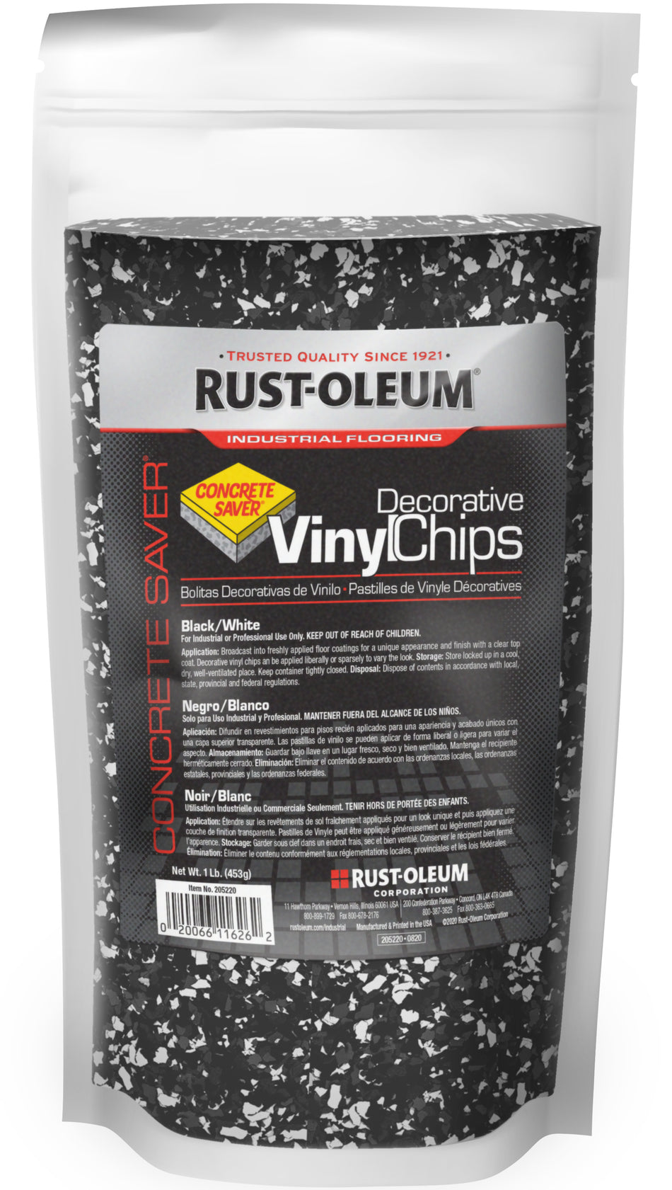 Rust-Oleum Concrete Saver Decorative Vinyl Chips in a black and white speckled pattern, packaged in a white stand-up pouch.
