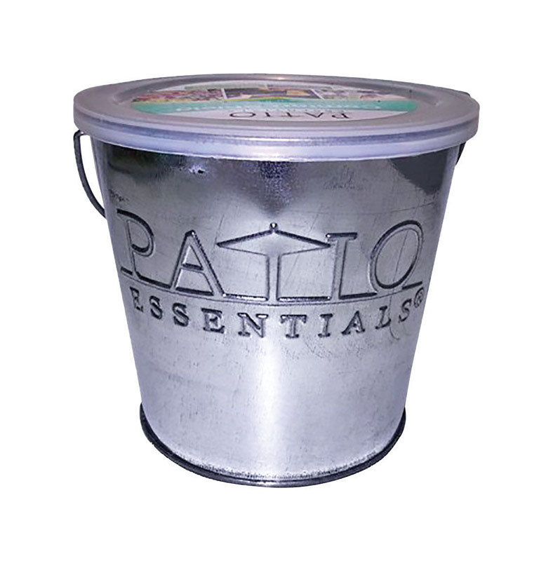 Metal bucket candle with 'Patio Essentials' branding on a white background