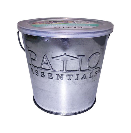 Metal bucket candle with 'Patio Essentials' branding on a white background