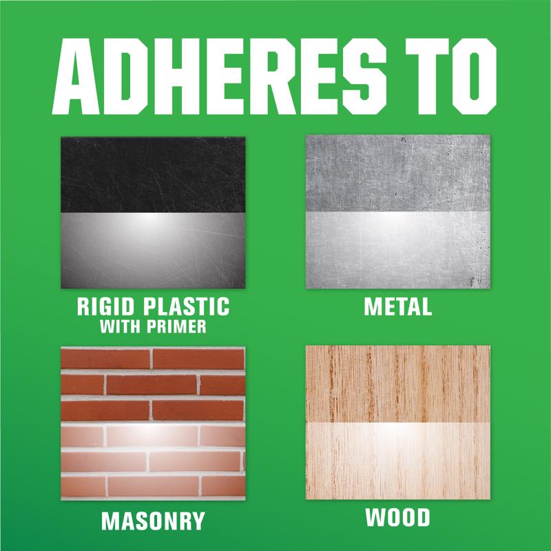 Product compatibility chart for Rust-Oleum Reflective Finish Spray Paint showing adherence to various surfaces on a green background.