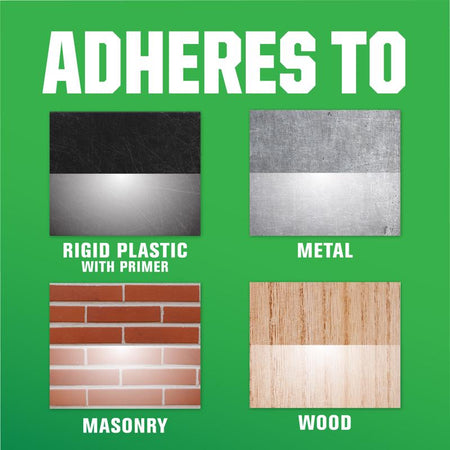 Product compatibility chart for Rust-Oleum Reflective Finish Spray Paint showing adherence to various surfaces on a green background.