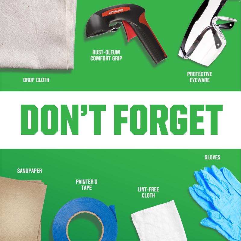 List of safety and preparation items for a painting project with Rust-Oleum Reflective Finish Spray Paint showing corresponding tools and supplies.