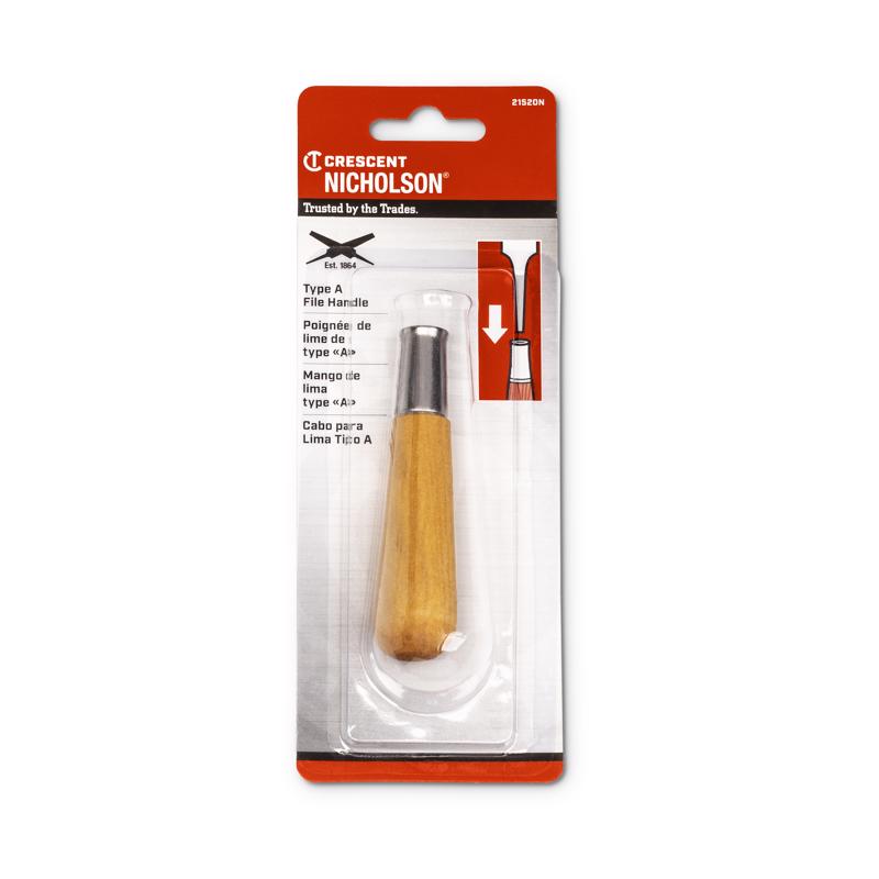 Crescent Nicholson file handle with wooden handle and metal cap in packaging on a white background