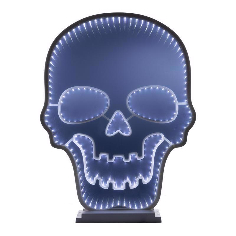 Skull-shaped light fixture with blue LED lights on a white background