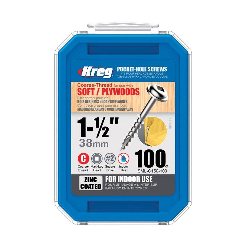 Kreg #8 1-1/2 Inch Zinc Pocket Hole Screws 100-Count Maxi-Loc Head SML-C150-100