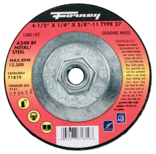 Forney Grinding Wheel, Metal Type 27, 4-1/2" x 1/4" X 5/8-11  71819