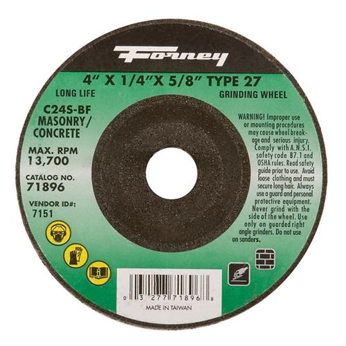 Forney Grinding Wheel, Masonry, Type 27, 4" X 1/4" X 5/8" 71896