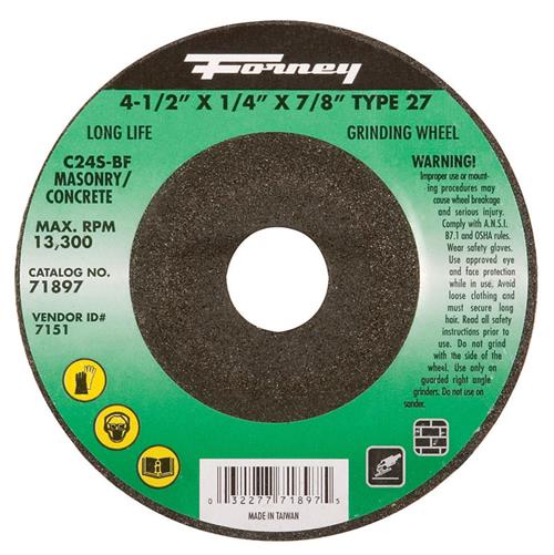 Forney Grinding Wheel, Masonry, Type 27, 4-1/2" X 1/4" X 7/8" 71897