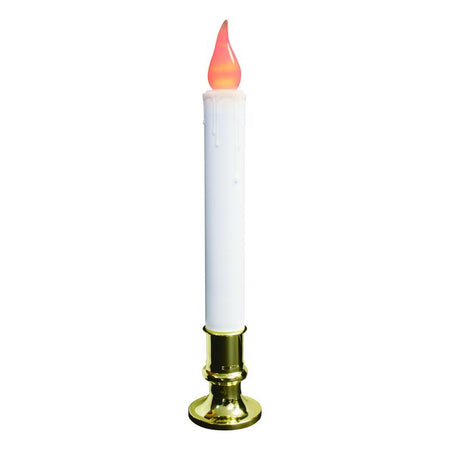 Decorative flameless candle with a white candle and gold base on a white background