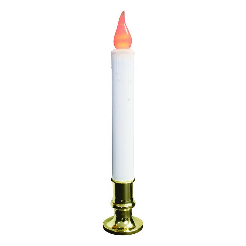 Decorative flameless candle with a white candle and gold base on a white background