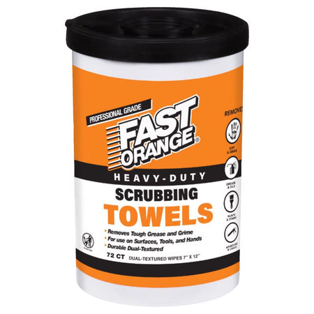 Container of Fast Orange scrubbing towels with black lid on a white background