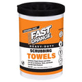 Container of Fast Orange scrubbing towels with black lid on a white background