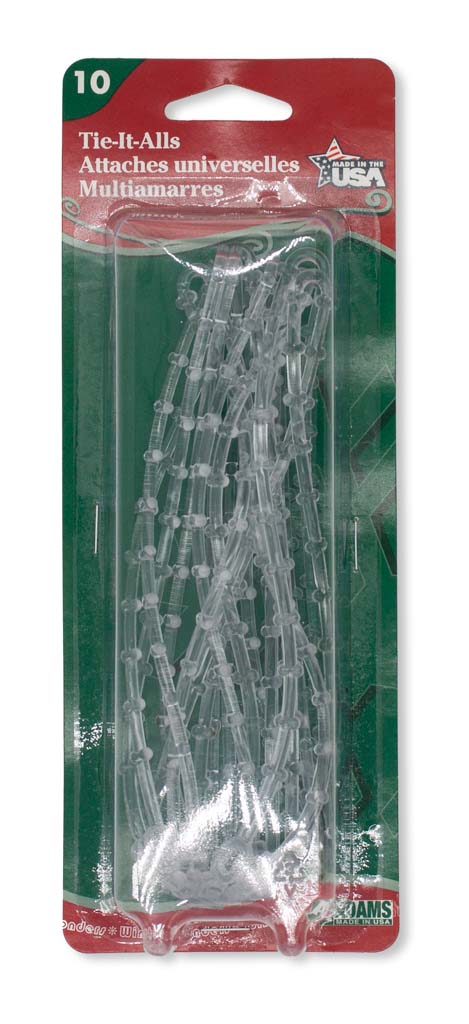 Packaging of Tie-It-Alls with clear plastic ties on a green and red background