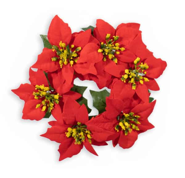 Red poinsettia wreath with green leaves on a white background