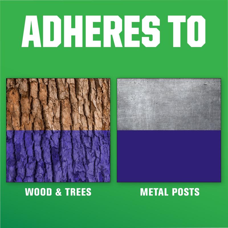 Text 'ADHERES TO' with two texture samples labeled 'WOOD & TREES' and 'METAL POSTS' on a green background.