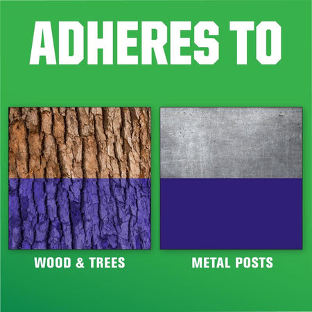 Text 'ADHERES TO' with two texture samples labeled 'WOOD & TREES' and 'METAL POSTS' on a green background.