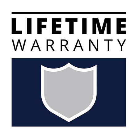 Lifetime warranty logo with a shield symbol on a white background