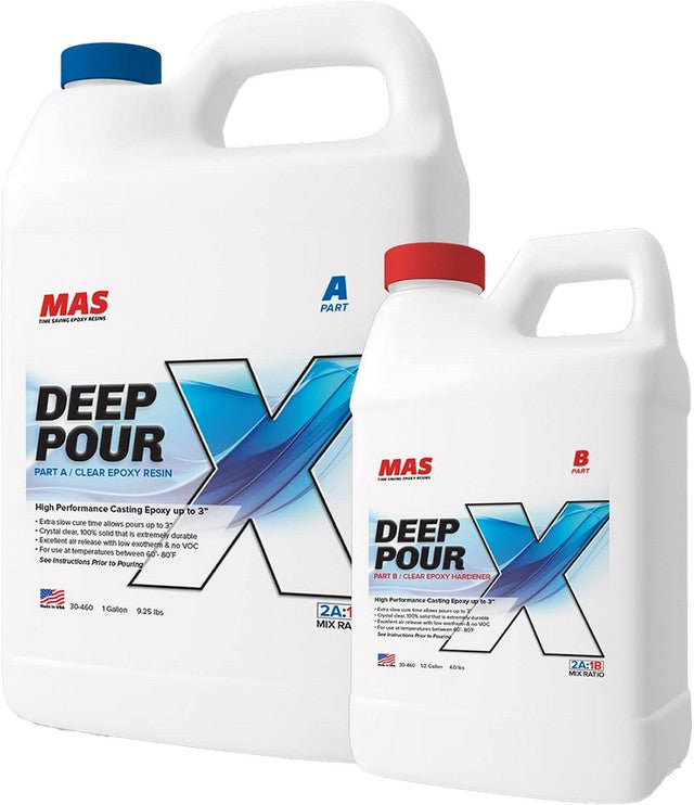Two containers of MAS Deep Pour X epoxy resin on a white background