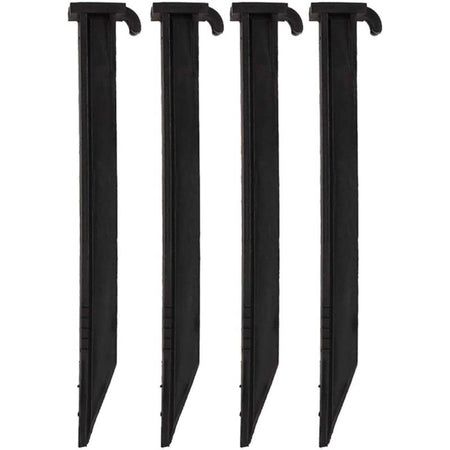 Four black tent stakes on a white background