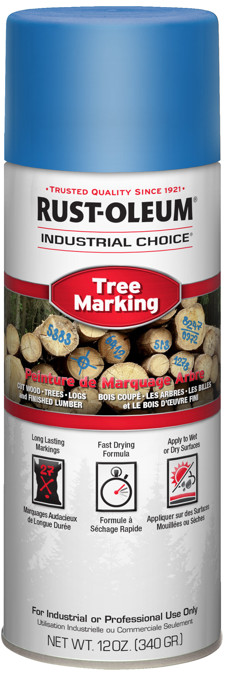 Rust-Oleum Industrial Choice Tree Marking spray paint can, 12 oz. The can features a bright blue cap, a white body, and a label with red and black text, showing various tree marking examples.