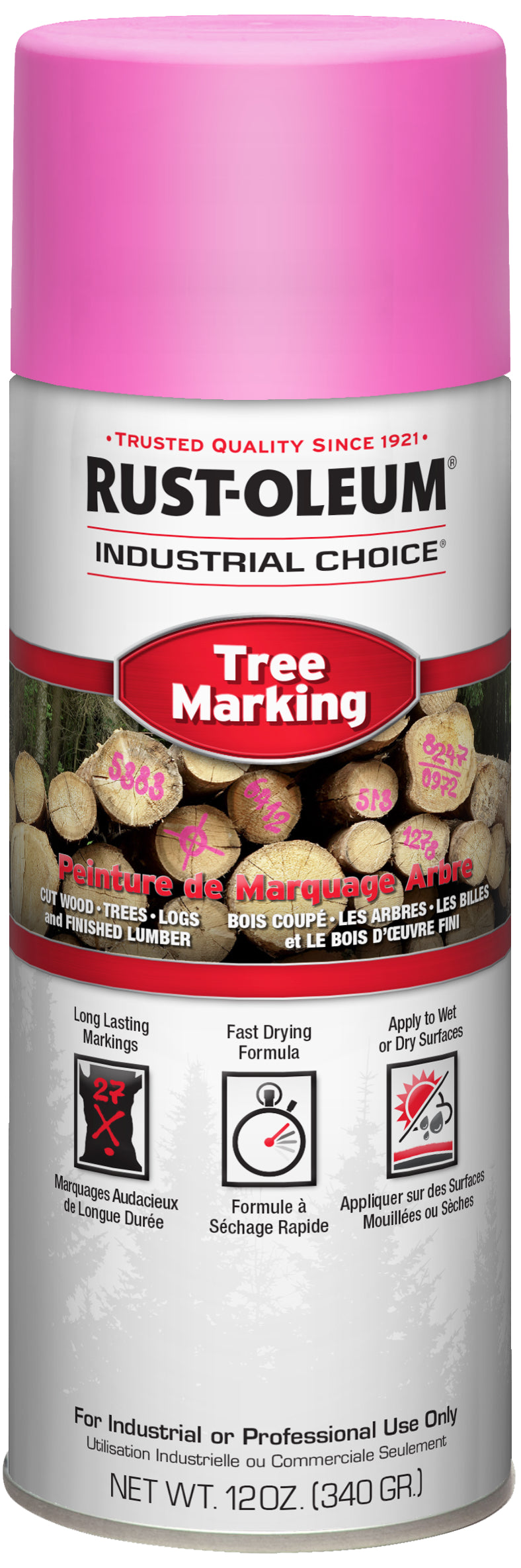 Rust-Oleum Industrial Choice Tree Marking spray paint can with a bright pink cap and white label, featuring red and black branding and product details.