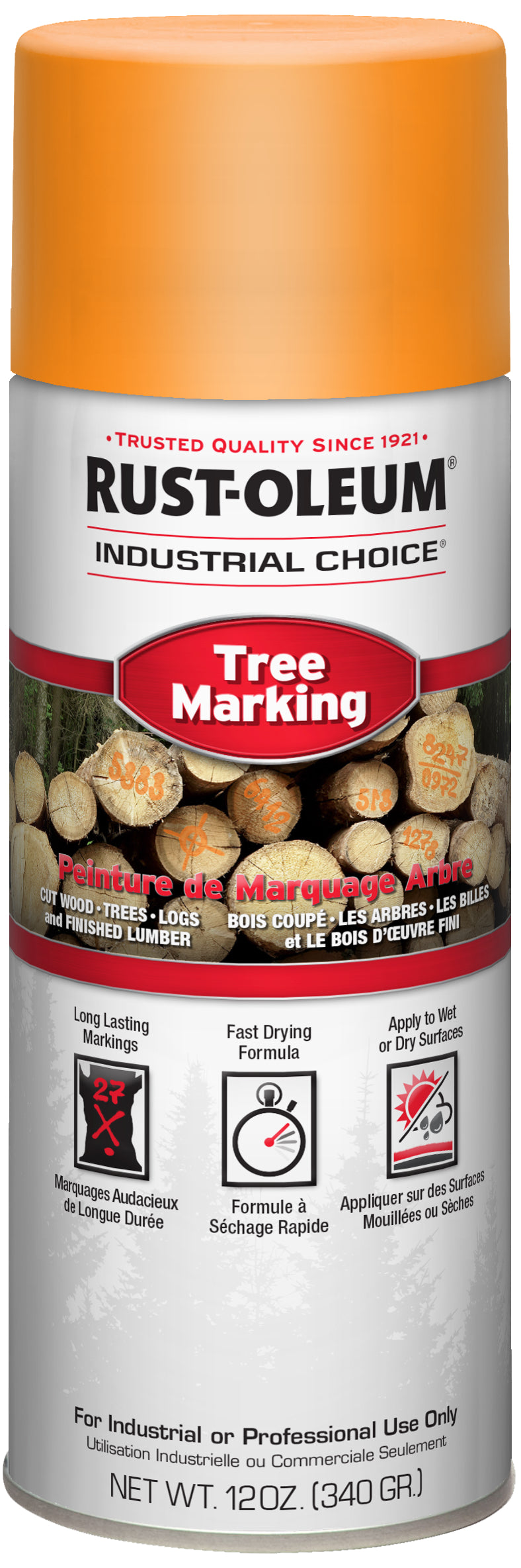 Rust-Oleum Industrial Choice Tree Marking spray can, 12 oz. The can features an orange cap, a white body, and a red and black label with product details and usage icons.