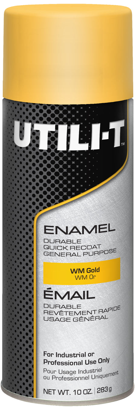 A can of Util-T WM Gold Enamel Quick Recoat spray paint, featuring a yellow cap, black and silver label, and yellow text on a white background.