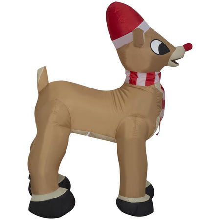 Inflatable reindeer decoration with a red hat and scarf on a white background