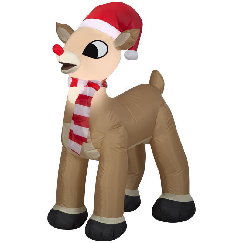 Inflatable reindeer decoration with a Santa hat and scarf on a white background