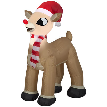 Inflatable reindeer decoration with a Santa hat and scarf on a white background