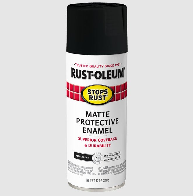 A can of Rust-Oleum Matte Protective Enamel spray paint in the Peppercorn colorway, featuring a white label with red and yellow accents and a black cap, set against a light gray background.