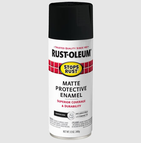 A can of Rust-Oleum Matte Protective Enamel spray paint in the Peppercorn colorway, featuring a white label with red and yellow accents and a black cap, set against a light gray background.