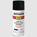 A can of Rust-Oleum Matte Protective Enamel spray paint in the Peppercorn colorway, featuring a white label with red and yellow accents and a black cap, set against a light gray background.