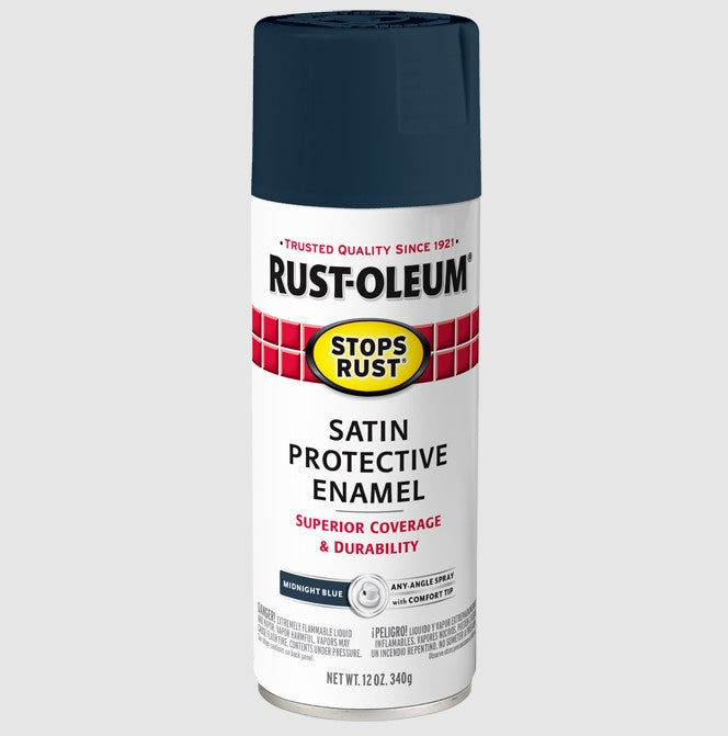 A can of Rust-Oleum Matte Protective Enamel spray paint in the Midnight Blue colorway, featuring a white label with red and yellow accents and a black cap, set against a light gray background.