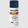 A can of Rust-Oleum Matte Protective Enamel spray paint in the Midnight Blue colorway, featuring a white label with red and yellow accents and a black cap, set against a light gray background.