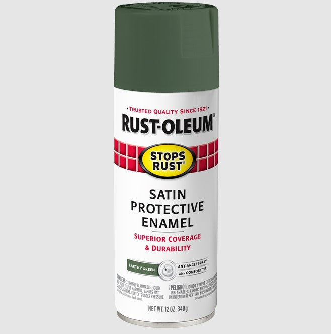 A can of Rust-Oleum Stops Rust Satin Protective Enamel spray paint in Earthy Green, shown on a light gray background.