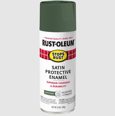 A can of Rust-Oleum Stops Rust Satin Protective Enamel spray paint in Earthy Green, shown on a light gray background.
