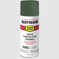 A can of Rust-Oleum Stops Rust Satin Protective Enamel spray paint in Earthy Green, shown on a light gray background.