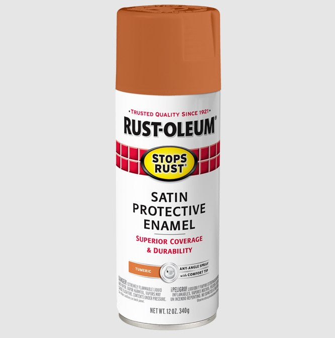 A can of Rust-Oleum Stops Rust Satin Protective Enamel spray paint in the color Turmeric, featuring a white label with red and yellow accents and an orange cap, set against a light gray background.