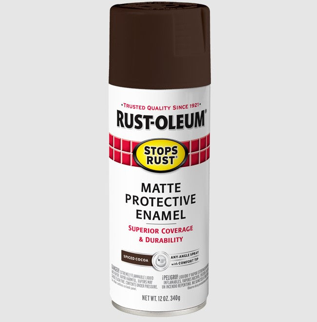 A can of Rust-Oleum Matte Protective Enamel spray paint in the Spiced Cocoa colorway, featuring a white label with red and black text and a dark brown cap, set against a light gray background.