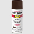 A can of Rust-Oleum Matte Protective Enamel spray paint in the Spiced Cocoa colorway, featuring a white label with red and black text and a dark brown cap, set against a light gray background.